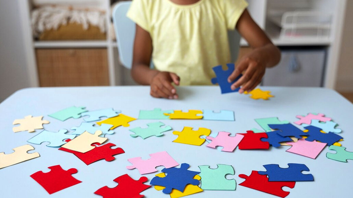 Criança com autismo montando quebra-cabeça colorido, representando o direito ao reembolso do tratamento