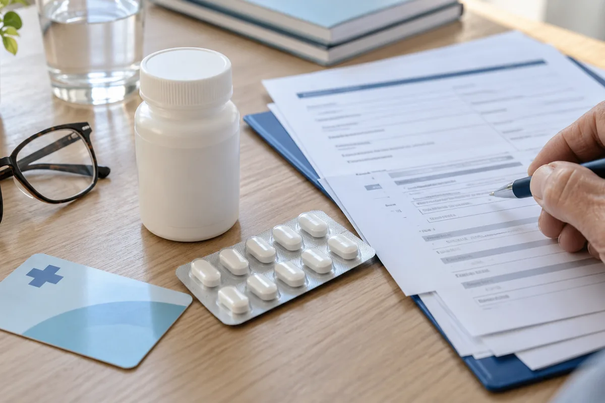 Comprimidos, carteirinha do plano de saúde e relatório médico reunidos para pedir a abiraterona