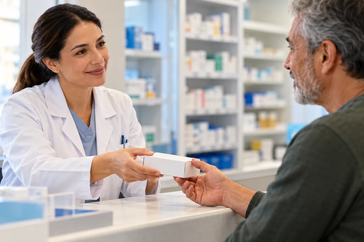 Farmacêutica entrega caixa de cabozantinibe a paciente no balcão da farmácia da rede credenciada