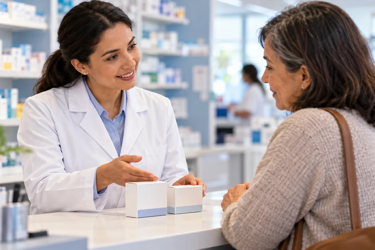 Farmacêutica apresenta as caixas de dabrafenibe e trametinibe a paciente no balcão da farmácia credenciada