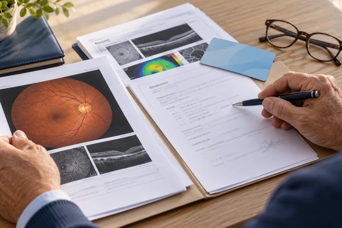 Laudos de OCT e retinografia ao lado do relatório médico e da carteirinha do plano para pedir o Eylia