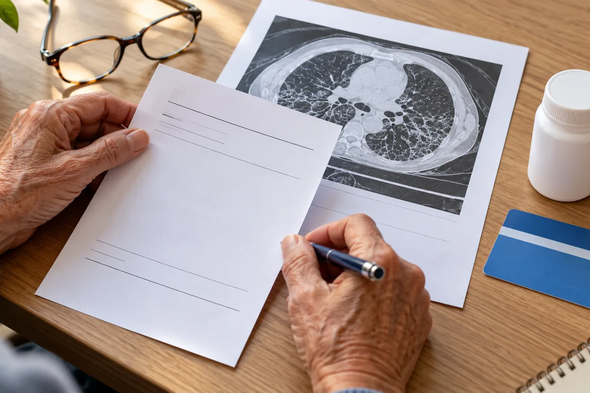 Paciente preenche documento ao lado de tomografia de tórax com fibrose pulmonar e da carteirinha do plano de saúde
