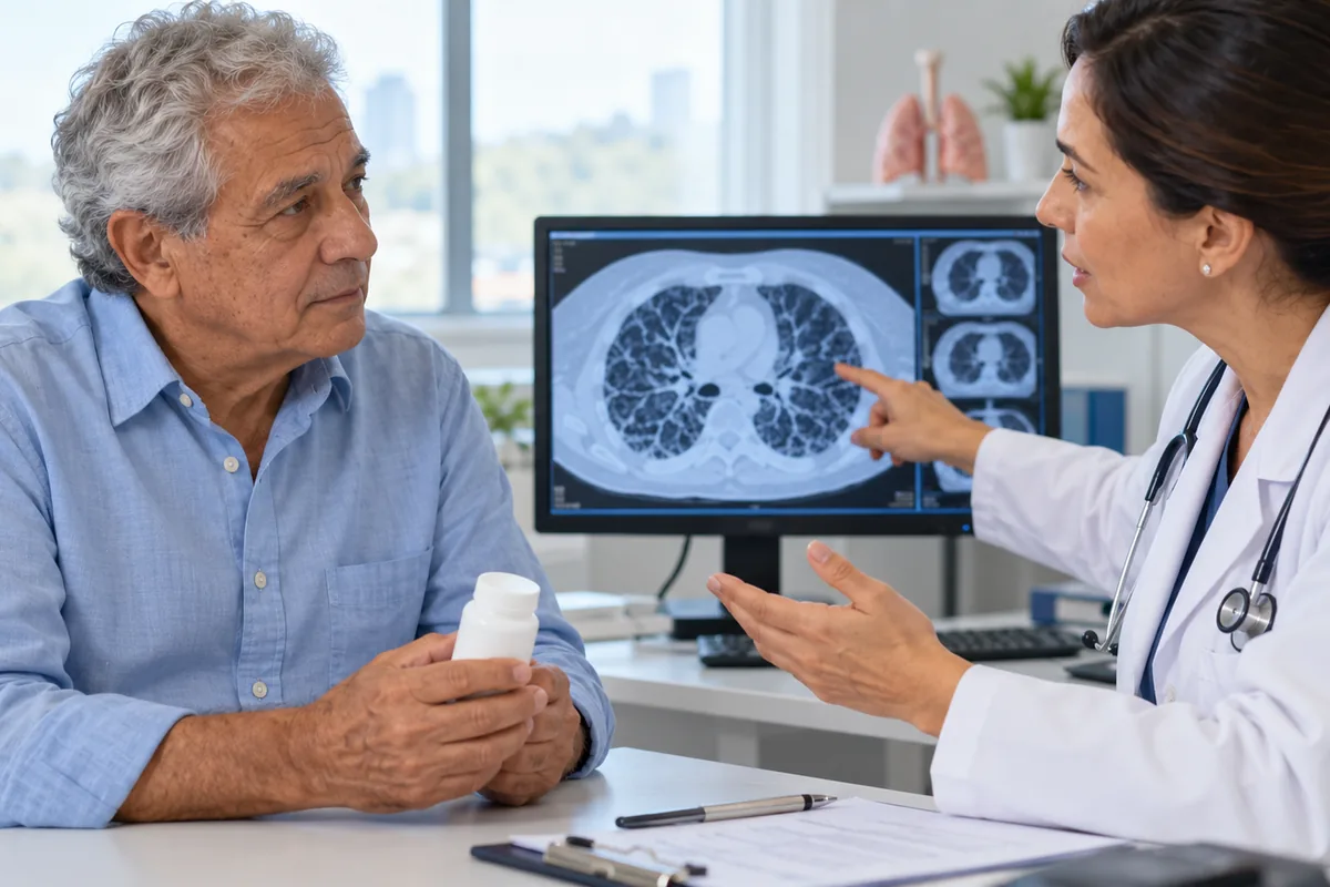 Pneumologista mostra tomografia com fibrose pulmonar a paciente que segura frasco de pirfenidona na consulta